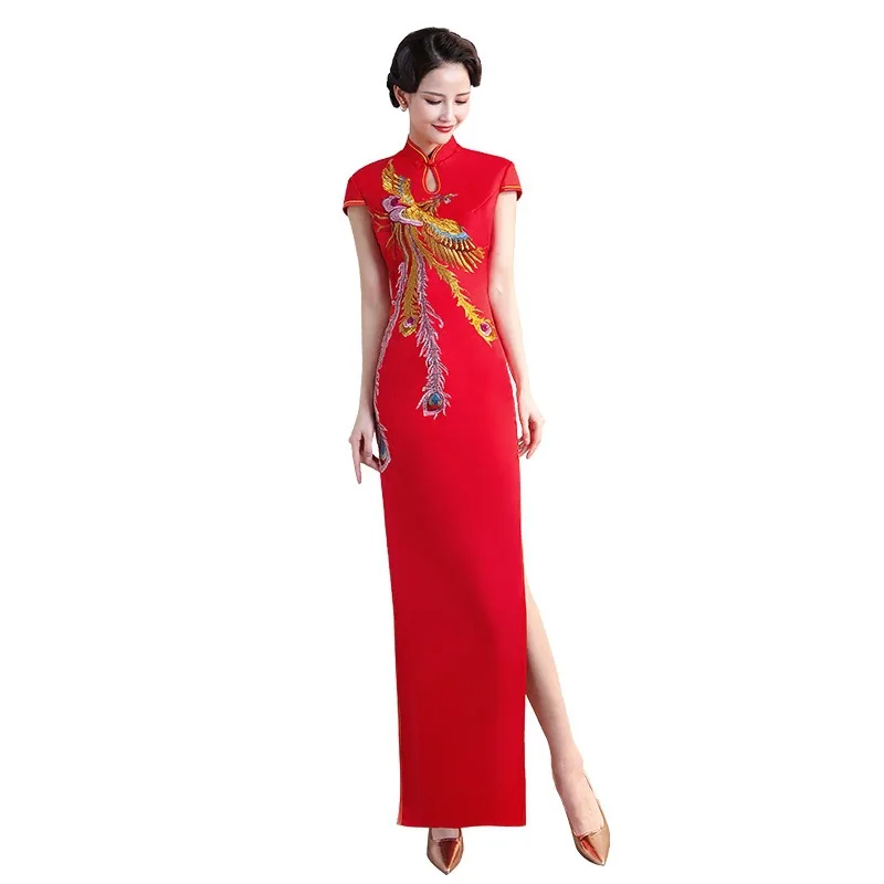 Новый красный китайское традиционное платье Для женщин тонкий Cheongsam вышивка пайетками современные восточные длинные Ципао вечернее платья