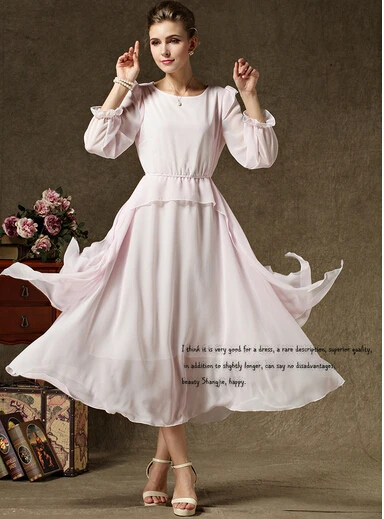 spring summer long sleeve chiffon pink rockabilly dress vestido blanco maxi retro vintage robe longue casual
