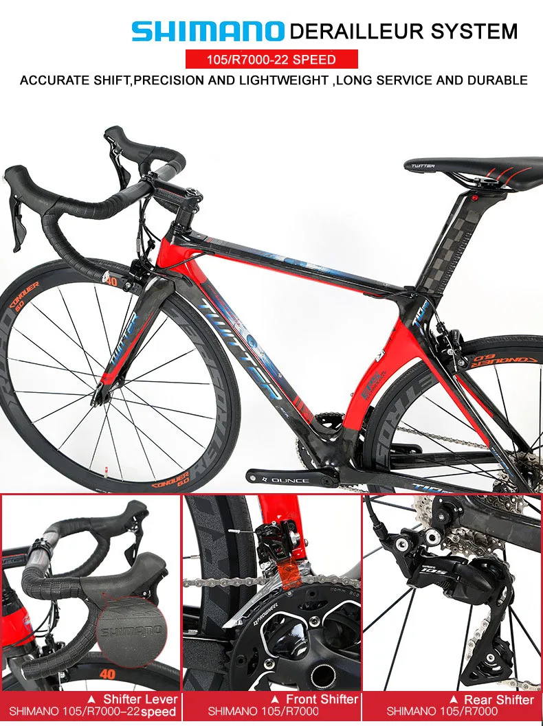 Discount Twitter T10pro Complete Carbon Road Bike 105/R7000 22 Speed With 700C Wheel Caliper Brake Full Carbon Road Bicycle For Racing 9