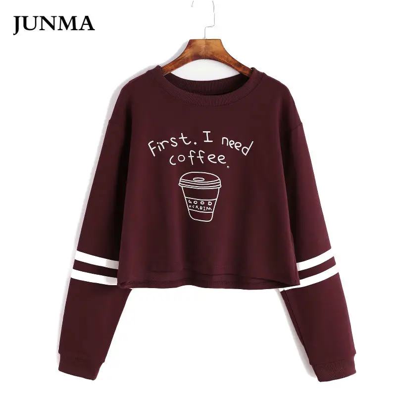 

Women Pullover Short Cute Dancer Teens Youth Kawaii Clothing Crop Sweatshirt Top Letter Print first i need coffee women' hodies
