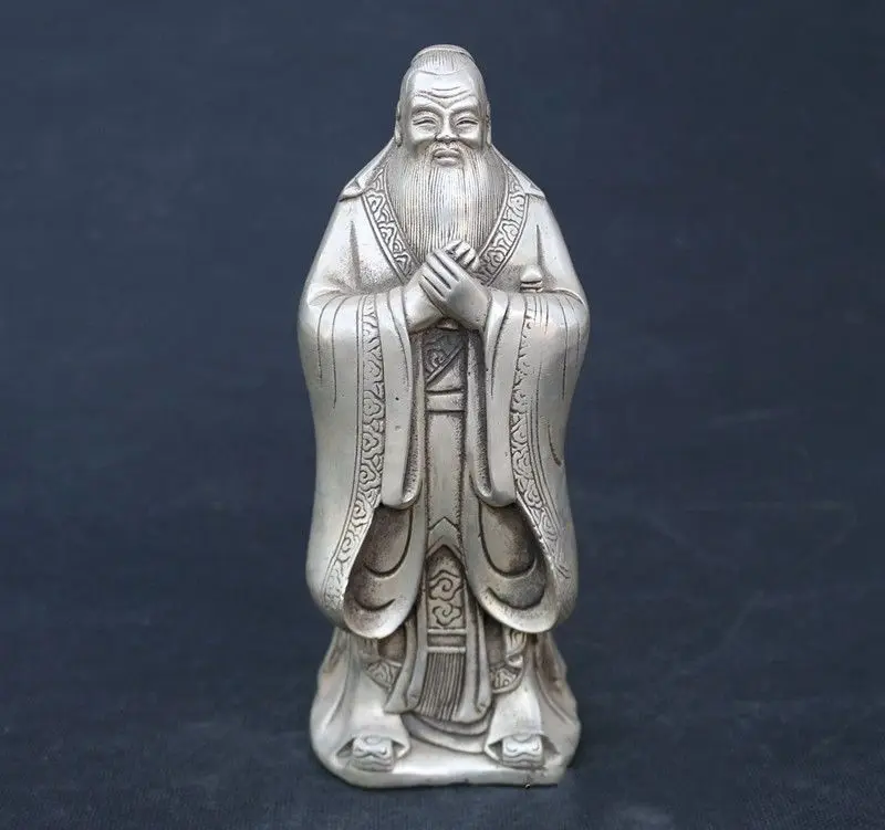 

7" Chinese Silver Famous Philosopher Founder Confucianism Literati KongZi Statue