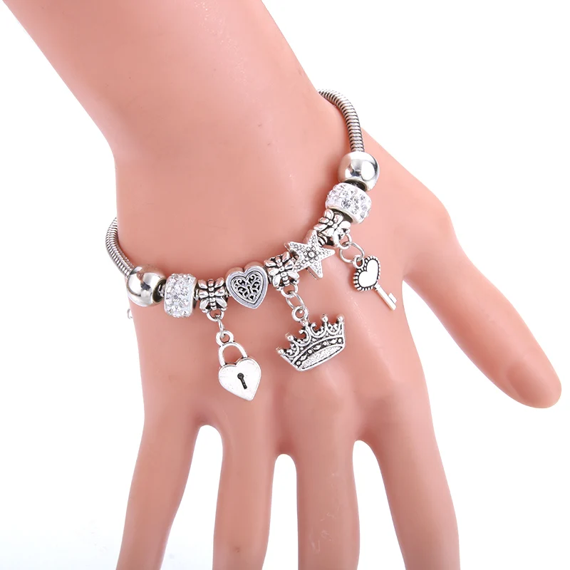 Bangle Bracelet Crown Charm Lobster Buckle Snake Chain Beaded For Women Summer Gift Fashion Accessories