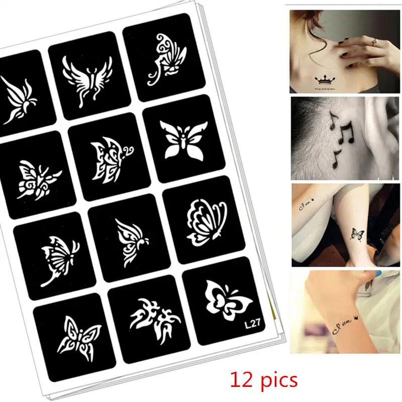 

12 pics Henna Party Tattoo Stencils DIY Jagua Drawing Templates Airbrush Painting Mehndi Body Art Small Flash Tatoo Stencil C26