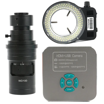 

2020 36MP 1080P 2K HDMI USB Lab Digital Industrial Video Microscope Camera + 144 LED Ring Light + 200X 500X FHD C mount Lens