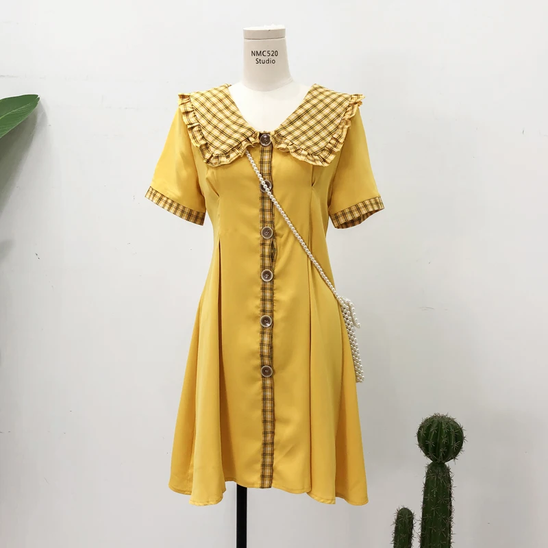 

Women Plaid Short Sleeve Dress 2019 New Summer Doll Neck Single Row Buckle Fold High Waist Vestidos De Fiesta H718