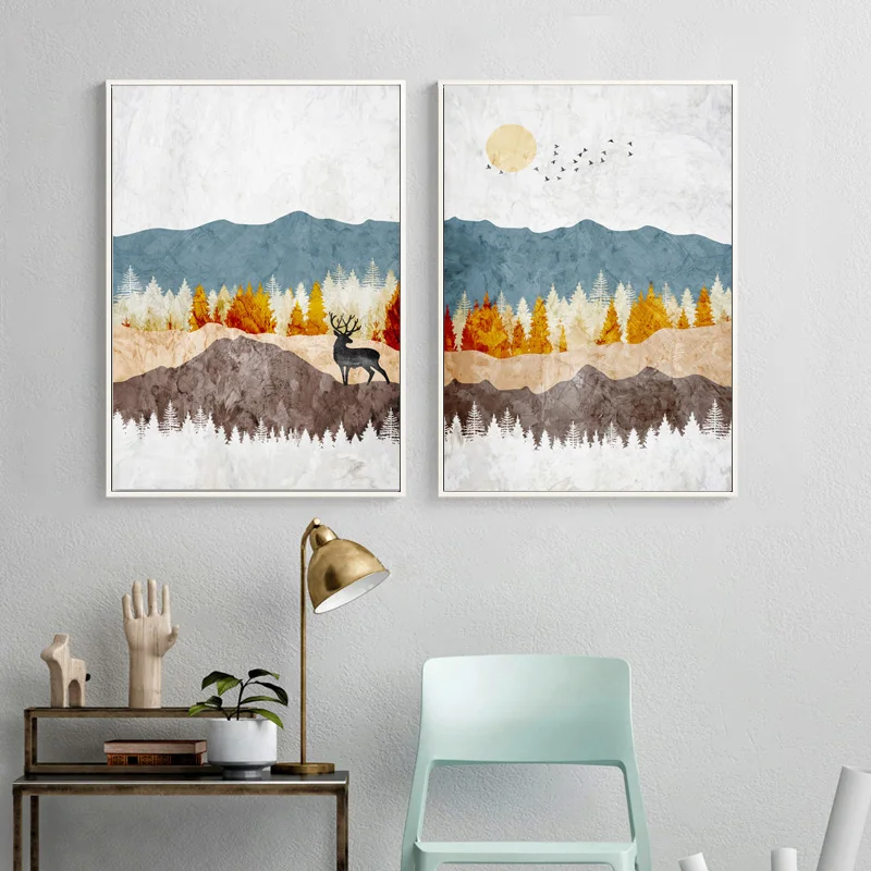 

Mountain Forest Deer Abstract Landscape Nordic Posters And Prints Wall Art Canvas Painting Wall Pictures For Living Room Decor