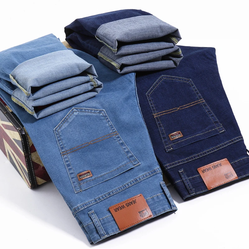 Trousers Male Men Jeans Business Elastic-Force Brand Pants Casual Fashion Light-Blue