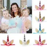 A-STYLE 24pc/lot Top Glitter Metallic Unicorn Headband Chiffon Flowers Headbands Kids Girls Unicorn Horn Party Hair Accessories
