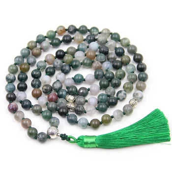 

Natural India Green Onyx 8mm Beads Prayer Necklace 108 Tassel Mala Hand Knitted Meditation Jewelry for Yoga Buddhist Reiki Gift