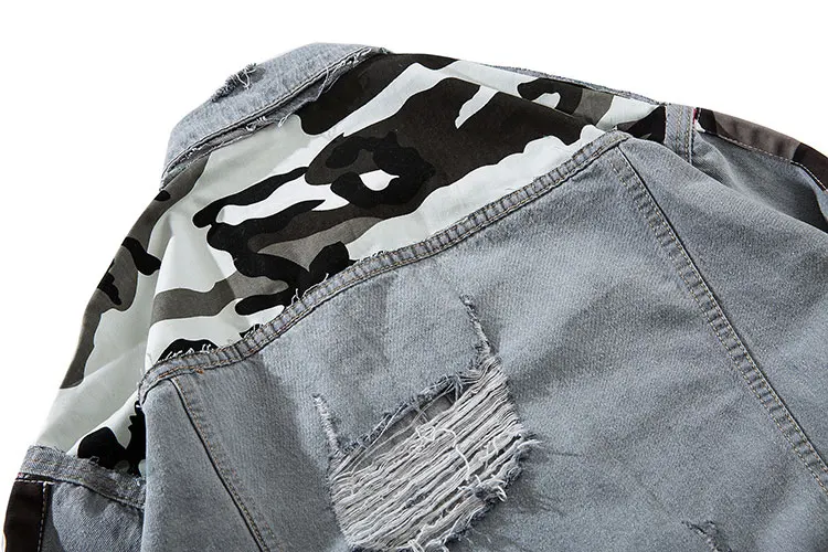 Camouflage Patchwork Ripped Denim Jacket 8