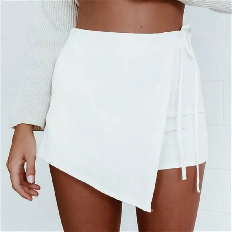 Летняя женская одежда для девочек, сексуальные повседневные Асимметричные шорты, тонкая шнуровка с высокой талией, пляжные однотонные, обычный размер, полиэстер - Цвет: Белый
