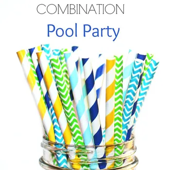 

125pcs Mixed Colors POOL PARTY Paper Straws,Aqua,Navy and Yellow Striped,Aqua and Lime Green Chevron,Bulk Wholesale,Drinking