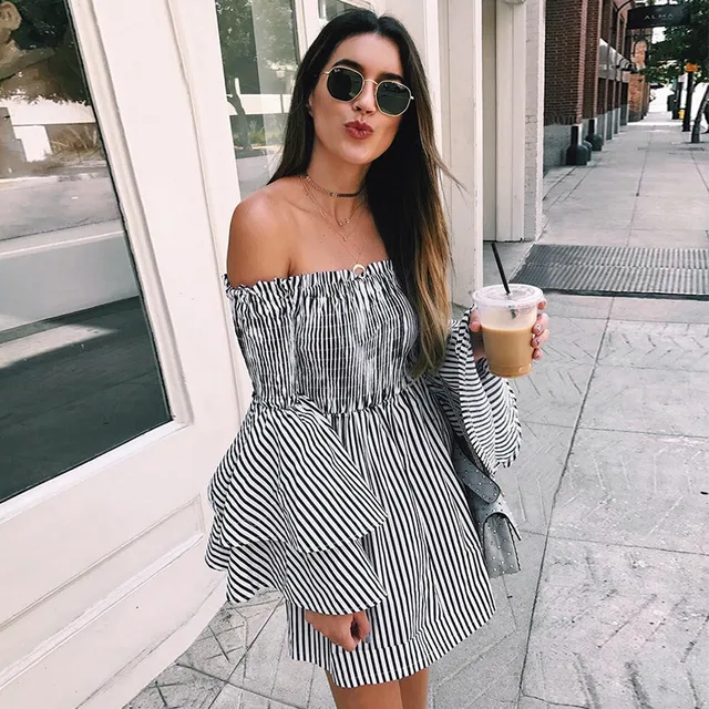 Womens Vertical Striped Dress Sexy Big Flare Sleeve Off The Shoulder Dress Ladies Fashion Summer Dress Dropping #L