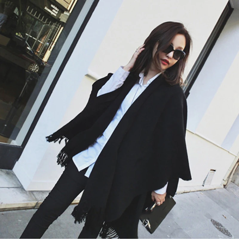 

Women Winter Cashmere Poncho Cape Elegant Black Warm Scarves Fashion Vintage Pashmina Long Shawl Women Poncho Cape