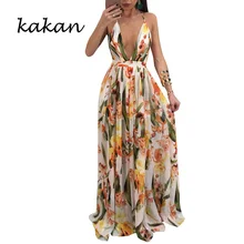 Kakan bohemian beach chiffon dress deep V-neck sling backless print dress large swing size dress bohemian strappy tribal print backless dress