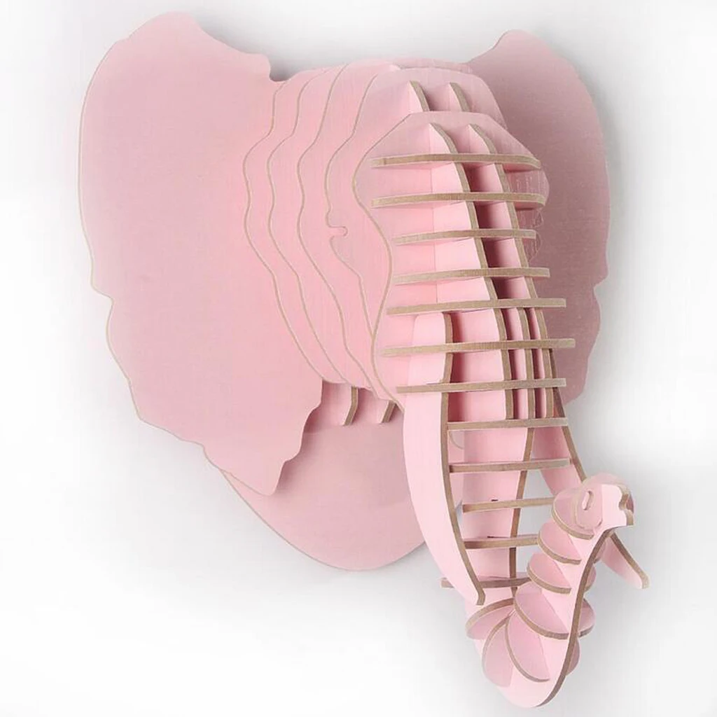 

Wooden Elephant Head 3D Puzzle Animal Head DIY Wall Hanging Woodcraft - Pink, Wedding Home Decoration