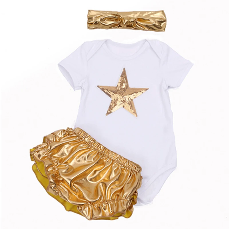 

Summer Style Fashion Infant Baby Clothing Sets Short Sleeve Sequin Star Top Gold Ruffles Bloomers Newborn Baby Girl Clothes 2017