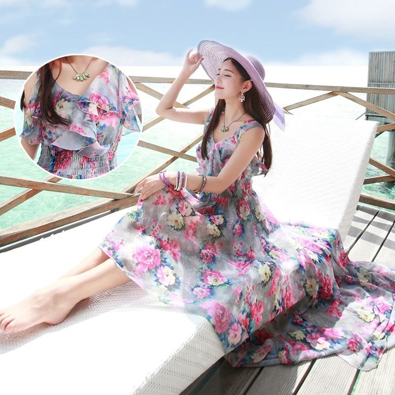 2016 New Bohemian Chiffon Dress Slim Thin Female Summer Seaside Resort Beach Suspenders Floral Ankle Length