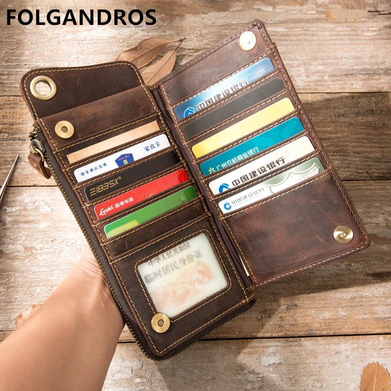 

Brand Hand-made Crazy Horse Leather Long Wallets Men's Vintage Multi-card Bag Brand Large-capacity Zipper Mobile Phone Bag