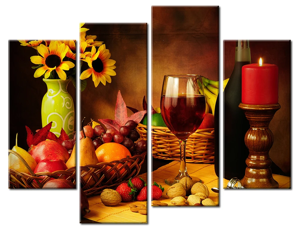 4 Piece Modern Kitchen Canvas Paintings Red Wine Cup Bottle Wall Art