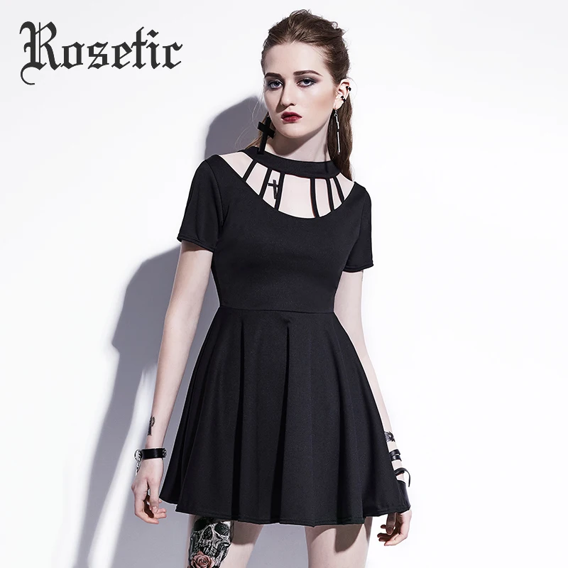 

Rosetic Gothic Dress Women Black Hollow Backless Short Sleeve Summer A-Line Empire Fashion Street Sexy Gothic Girl Mini Dresses