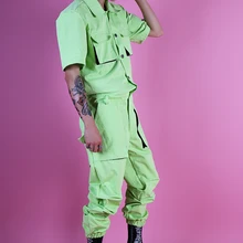 Мужская Уличная Хип-хоп мода комбинезоны брюки Летние Мульти накладные карманы комбинезоны мужские с коротким рукавом певица танцевальный сценический одежда