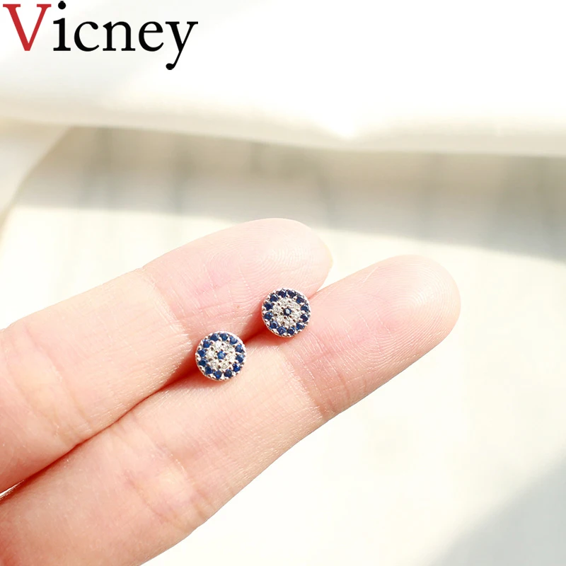 

Vicney Personality Full Zircon Round Stud Earrings real 925 Sterling Silver Talisman Blue Eyes Gold Color Fashion Jewelry gift