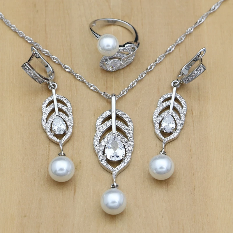 Freshwater Pearl Leaves 925 Silver Jewelry Sets Wedding Decoration For Women Earrings With Stone PendantRingNecklace Set (2)