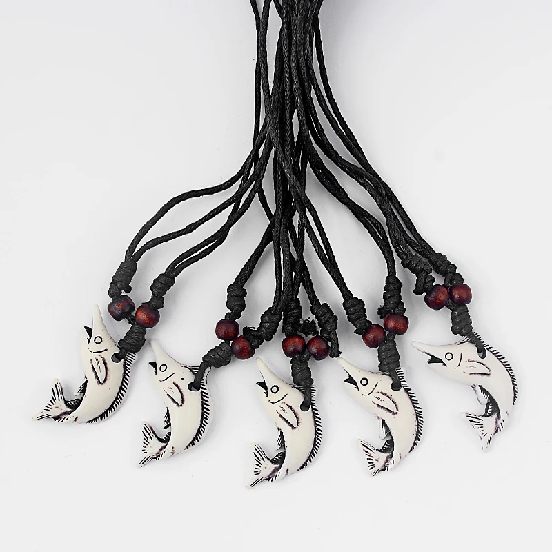 12Pcs Black Wax Cotton Cord Tribal Yak Bone Resin Carved Small Shark Fish Pattern Pendant Necklace