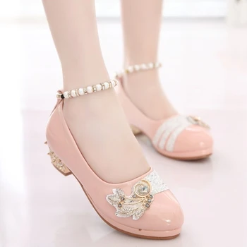 

Kids Princess Shoes for Girls High Heels Dance Pearl Sandals Fashion Wedding Leather Shoes White Pink Children Party Dress Shoes