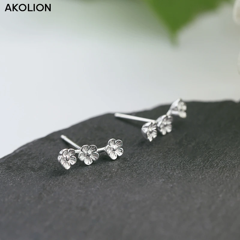 

AKOLION Silver Small Three Plum Flower Stud Earrings Beautiful Ear Jewelry Brincos For Women Vintage Handmade Personality