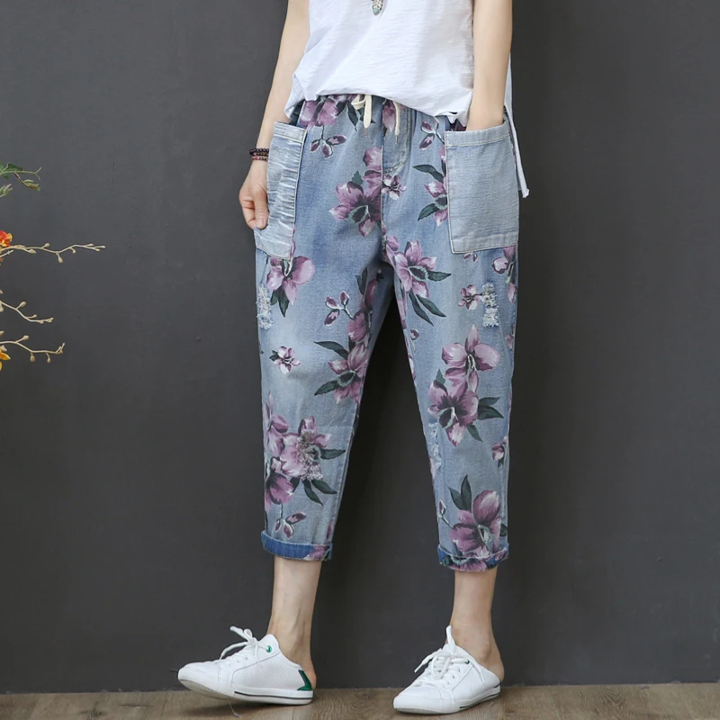 Vintage Capris Jeans Woman Summer 2020 High Waist Calf-Length Denim Pants Floral Print Jeans Capri For Women Jean Femme Vintage Capris Jeans Woman Summer 2020 High Waist Calf-Length Denim Pants Floral Print Jeans Capri For Women Jean Femme