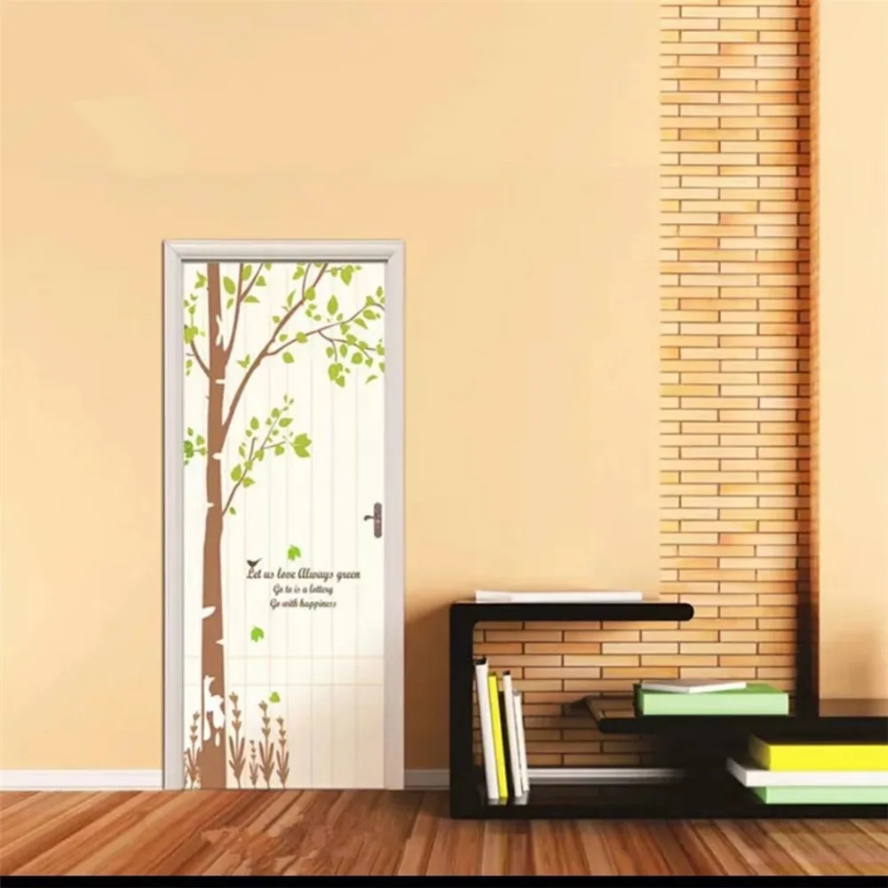 

90x200cm/77x200cm Green Tree Door Sticker For Living Room Bedroom 3D DIY Home Decor Decal PVC Self Adhesive Waterproof Poster