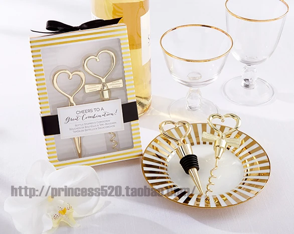 

Free shipping Gold 1 set red wine heart-shaped wine stopper bottle opener wine set wedding gifts
