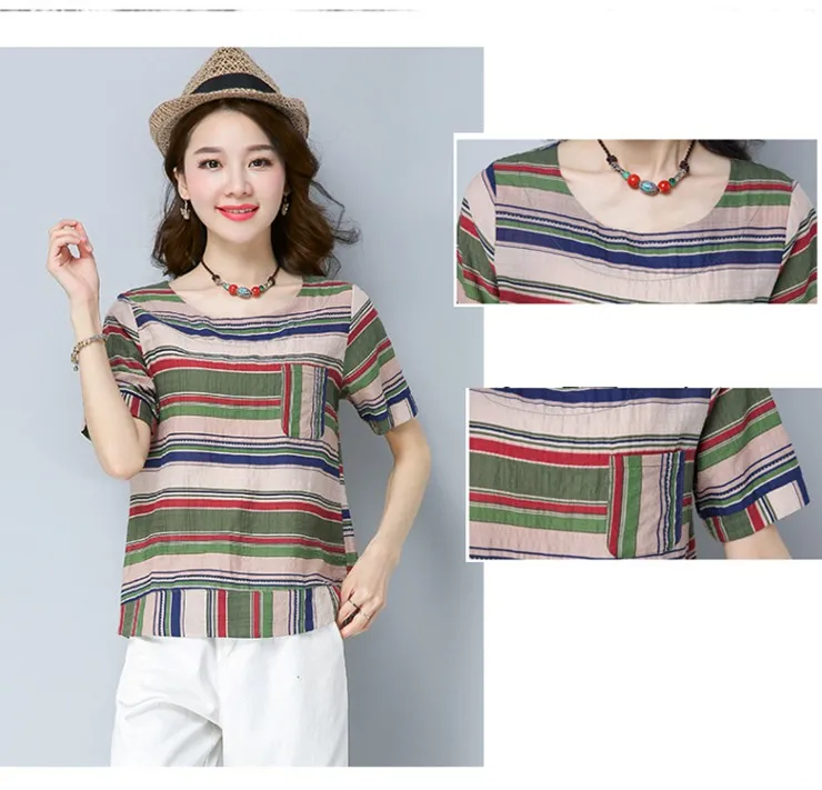 Cotton Linen Blouse Shirt Female Colourful Striped Tops Ladies 2018 New Summer Short Sleeve Women Shirts Rayas Blusas Mujer Mode (2)