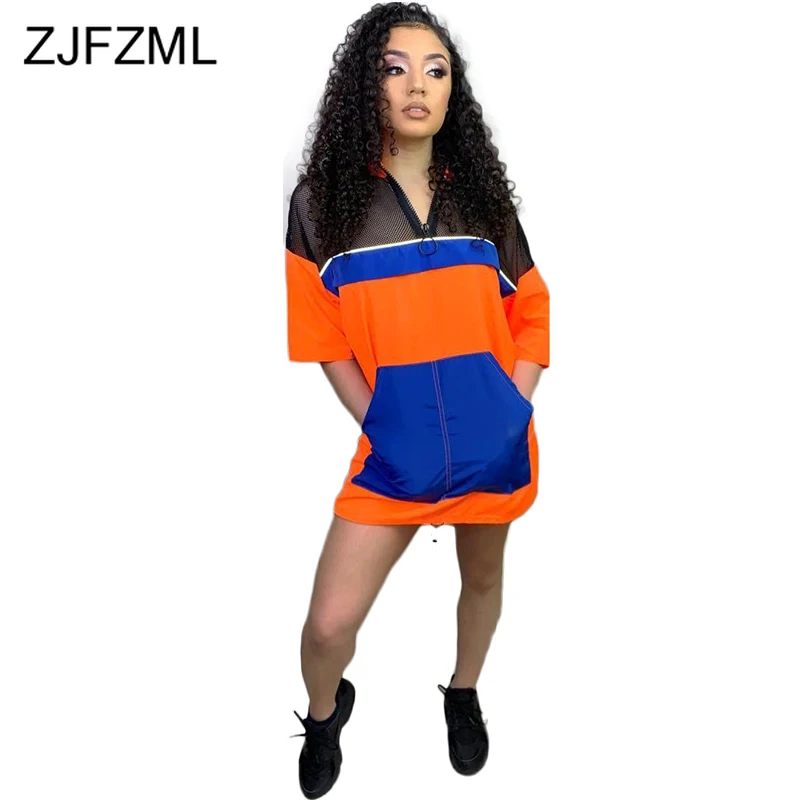 

Neon Greem Orange Sexy Bandage Dress Women Mesh Patchwork Hollow T Shirt Dress Streetwear Stand Collar Half Sleeve Party Dress