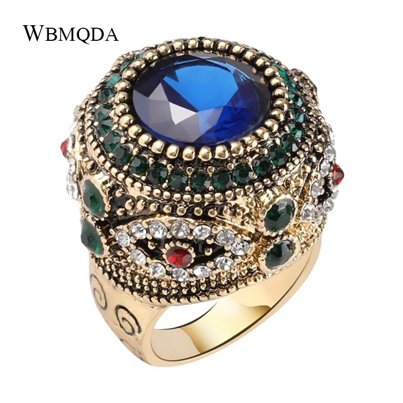 

Luxury Dubai Gold Big Ring Mosaic Colorful Crystal Crown Wedding Rings For Women Vintage Statement Bohemian Jewelry