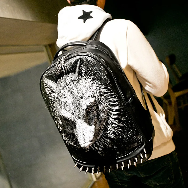 

Creative pu shoulder bag male student bag 3D animal personality backpack rivet silicone wolf head bag
