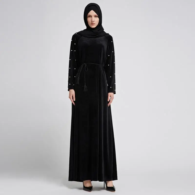 Зимнее Vestido abaya халат Дубай Арабский Кафтан мусульманский бархат хиджаб платье Катара Кафтан Абая для женщин турецкая исламская одежда - Цвет: Black Dress