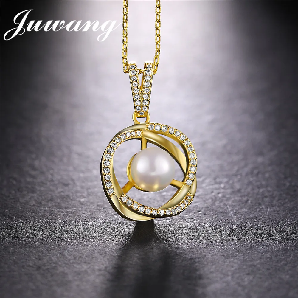 JUWANG-Marke-Simulierte-Perle-Anh-nger-Halsketten-Schmuck-Klare-Zirkonia-Fashion-Runde-Colliers-Halskette-f-r