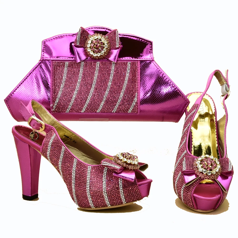 

Stones shoes and bag matching set in fushia pink high heel 4.7 inches with size 37 to 42 italian shoes and bag set SB8318-1