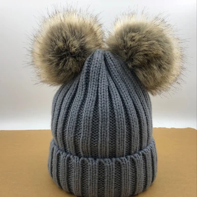 Зимняя теплая шапка Gorros Para Bebe для маленьких мальчиков и девочек, большой размер 15 см, помпон из искусственного меха, детские вязаные шапочки - Цвет: gray