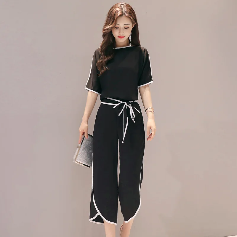 

summer suit female 2 piece set woman casual slim round neck short-sleeved shirt nine points wide leg pants fashion two-piece