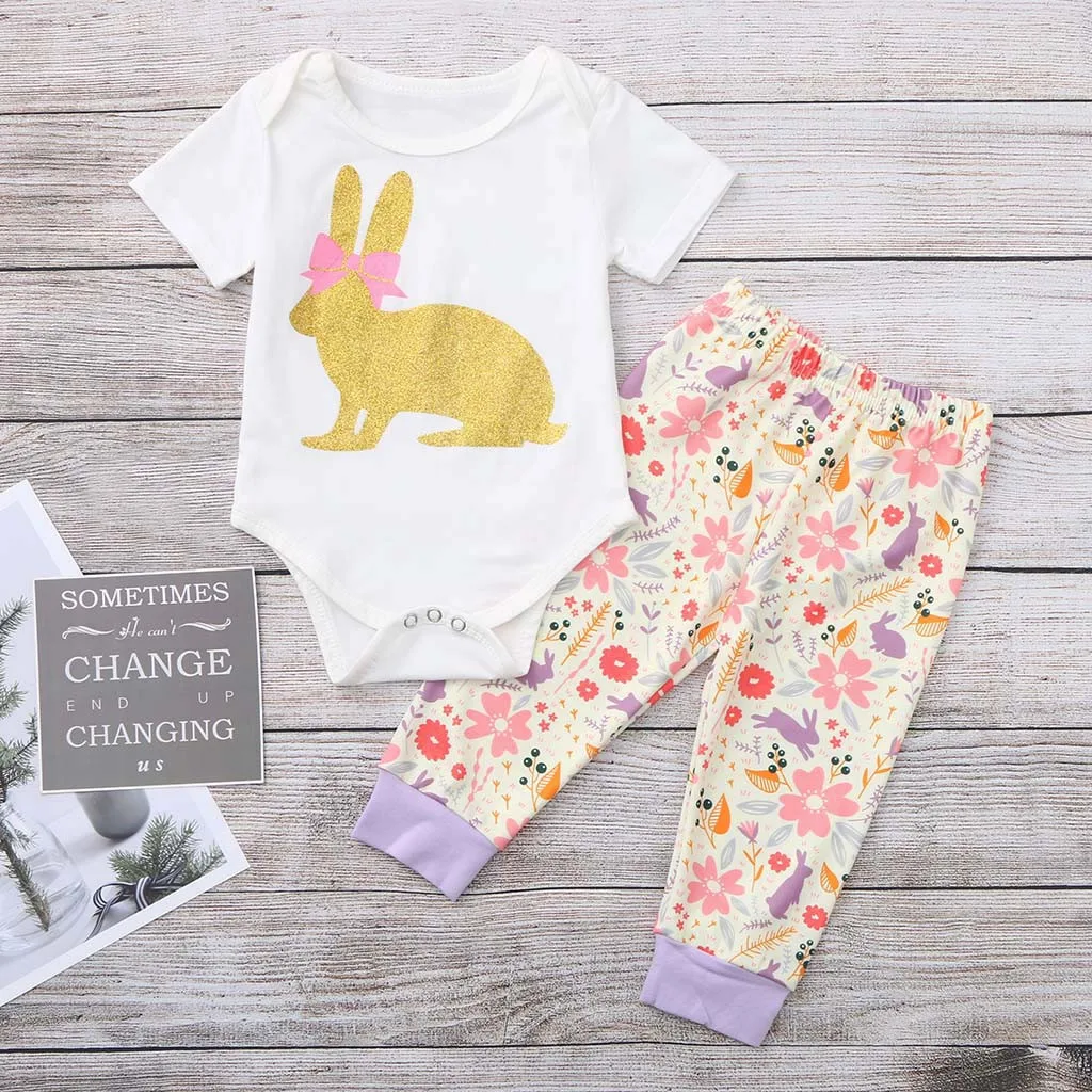 Newborn Infant Baby Girls Easter Bunny Outfits Romper Tops+Floral Pants Set baby girl clothes infant clothing | Детская одежда и