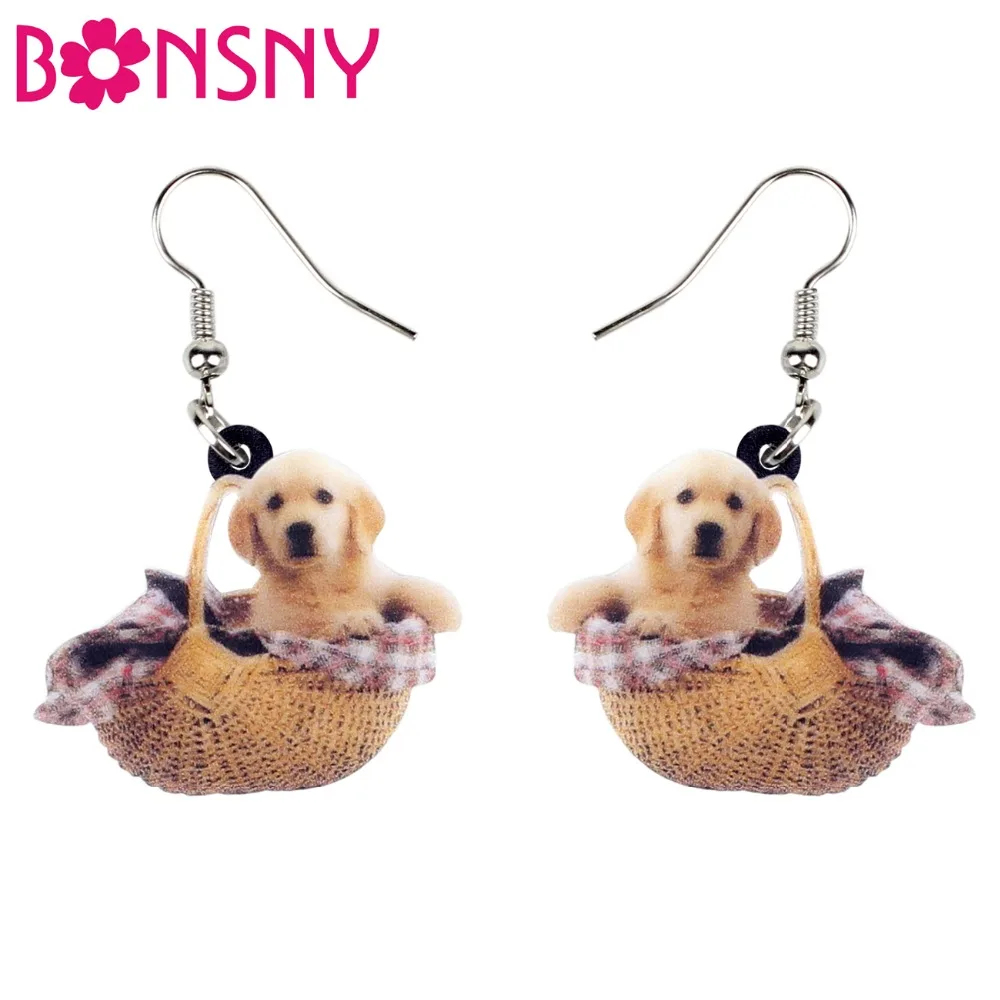

Bonsny Acrylic Sweet Golden Retriever Dog Basket Earrings Dangle Drop New Fashion Cute Animal Jewelry For Women Girls Brincos