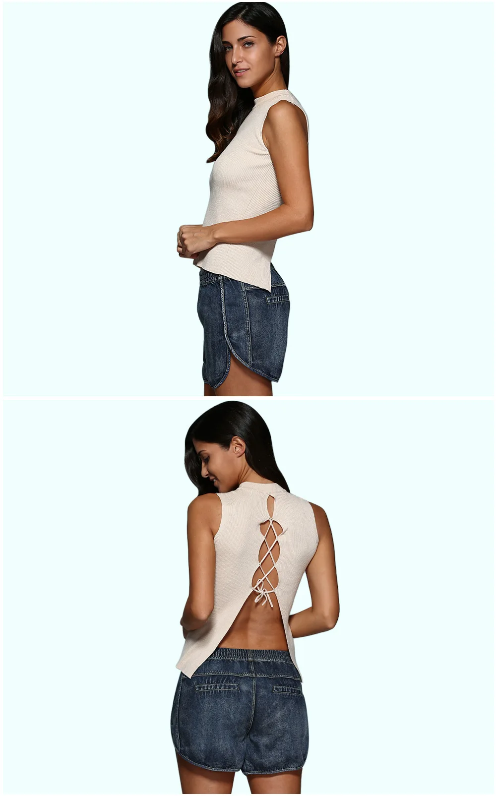 Sexy Round Neck Back Cross Rib Knitted Women Blouse