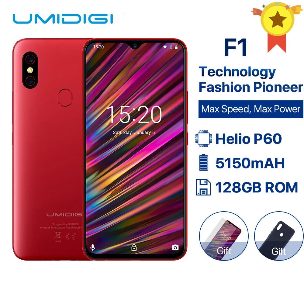 

UMIDIGI F1 Android 9.0 6.3" FHD+ 128GB ROM 4GB RAM Helio P60 5150mAh Big Battery 18W Fast Charge Smartphone NFC 16MP+8MP Phone