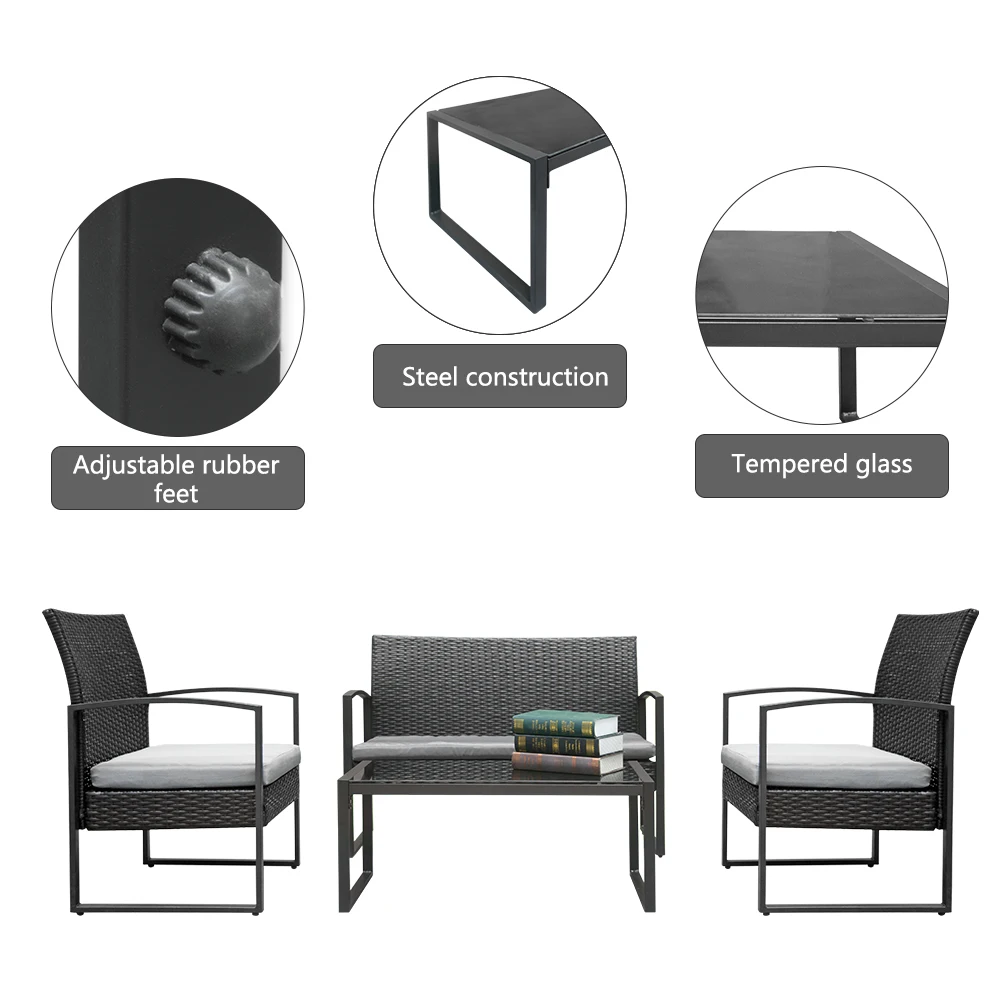 4pcs Arm Chairs Love Seat Tempered Glass Coffee Table Rattan Sofa Set