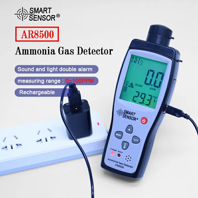

SMART SENSOR AR8500 Handheld Ammonia Gas Detector Range 0-100PPM LCD Backlight Sound Light Alarm NH3 Gas Detector