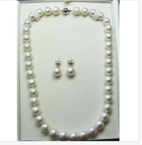 

classic set of AAA 10-11mm round white south sea pearl necklace & earrings 925s
